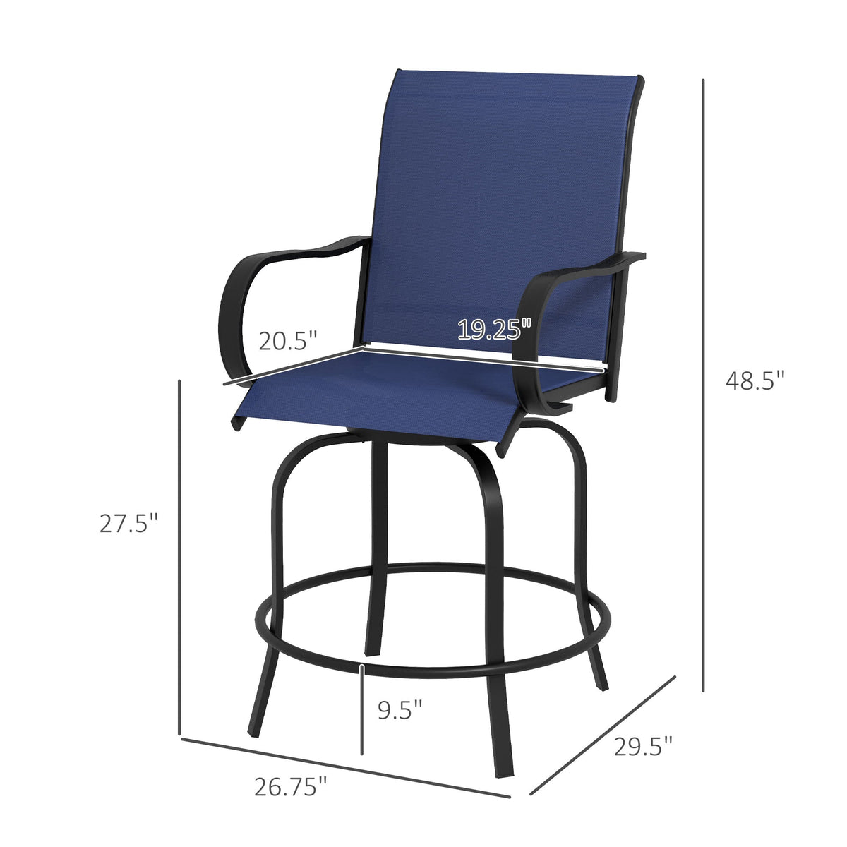 2-Piece Swivel Outdoor Bar Stools with Armrests, Navy Blue — product view 5