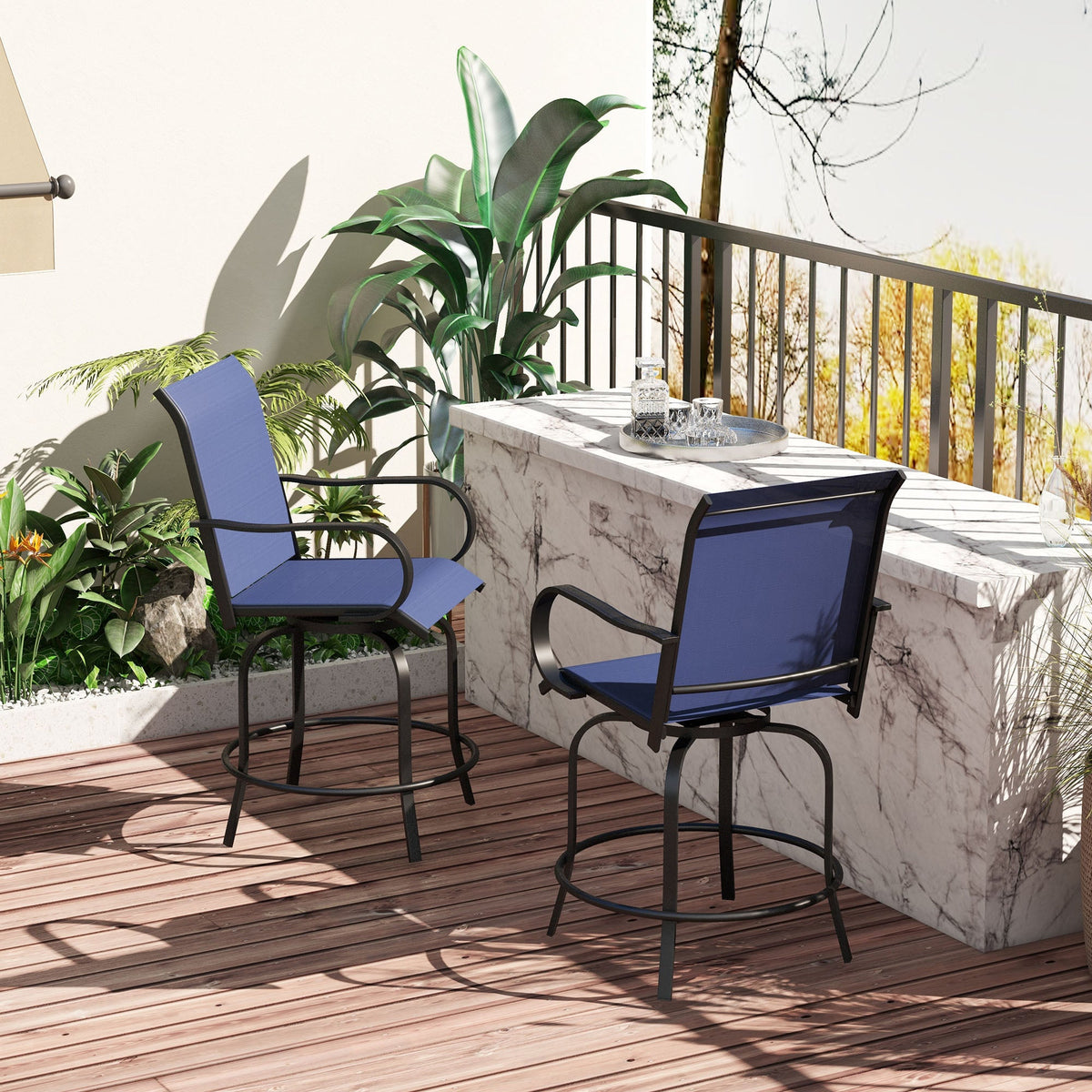 2-Piece Swivel Outdoor Bar Stools with Armrests, Navy Blue — product view 4
