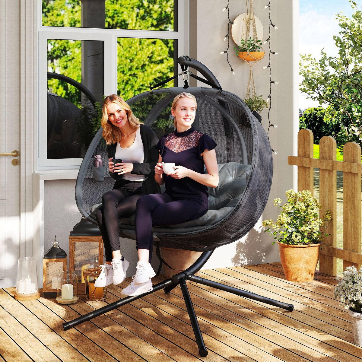 Double Egg Chair with Stand, 2 Person Hanging Swing Egg Chair Outdoor Indoor, 528 LBS Capacity Loveseat Hammock Swing with Cushion, Pockets, Grey — product view 4