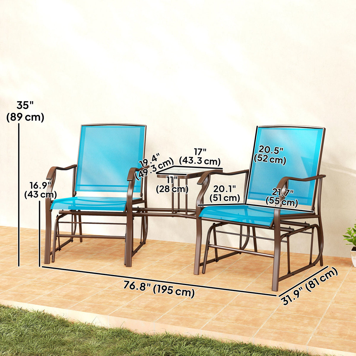 Double Patio Glider Chair with Glass Top Center Table, All Weather Breathable Mesh Fabric, Blue — product view 5