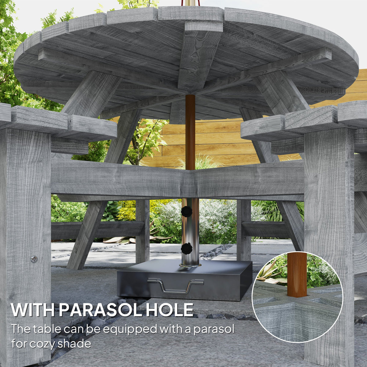 Wooden Patio Dining Set for 8 with Round Table and 4 Benches, Grey — product view 6