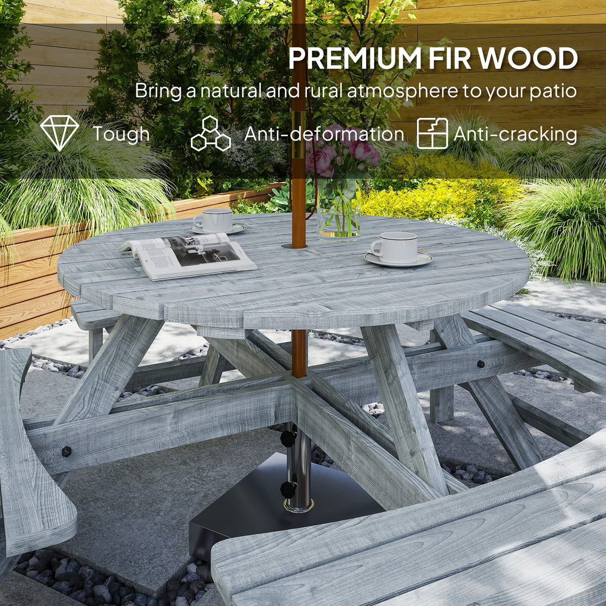 Wooden Patio Dining Set for 8 with Round Table and 4 Benches, Grey — product view 7
