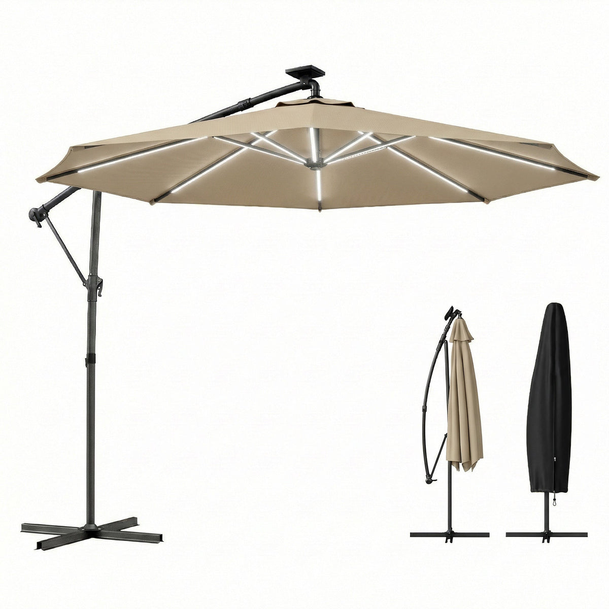 3 m Cantilever Parasol with Solar LED Light, Cover & 360° Rotation, Khaki — product view 2