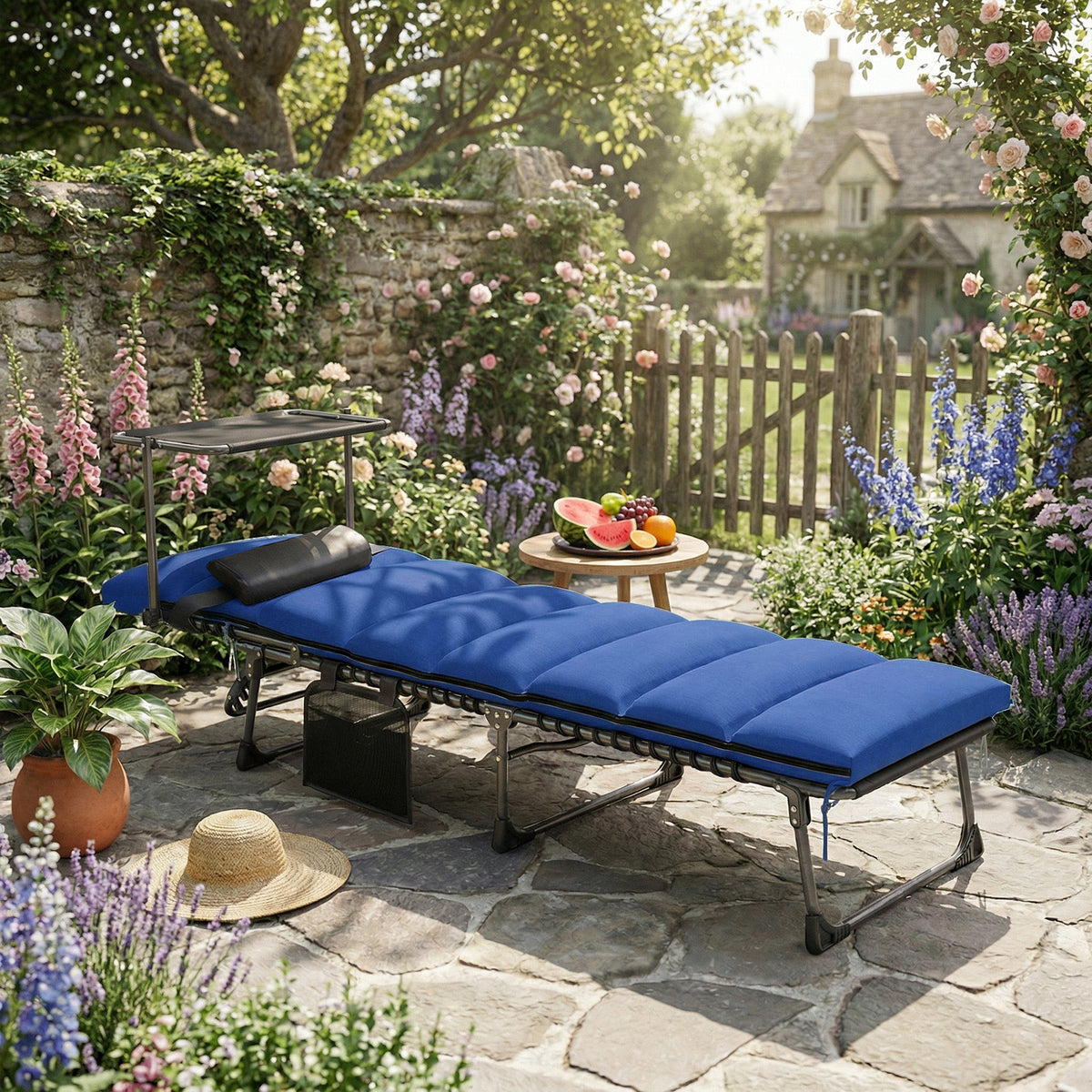 Folding Sun Lounger with Canopy, Cushion and 5-Position Recline, Dark Blue — product view 4