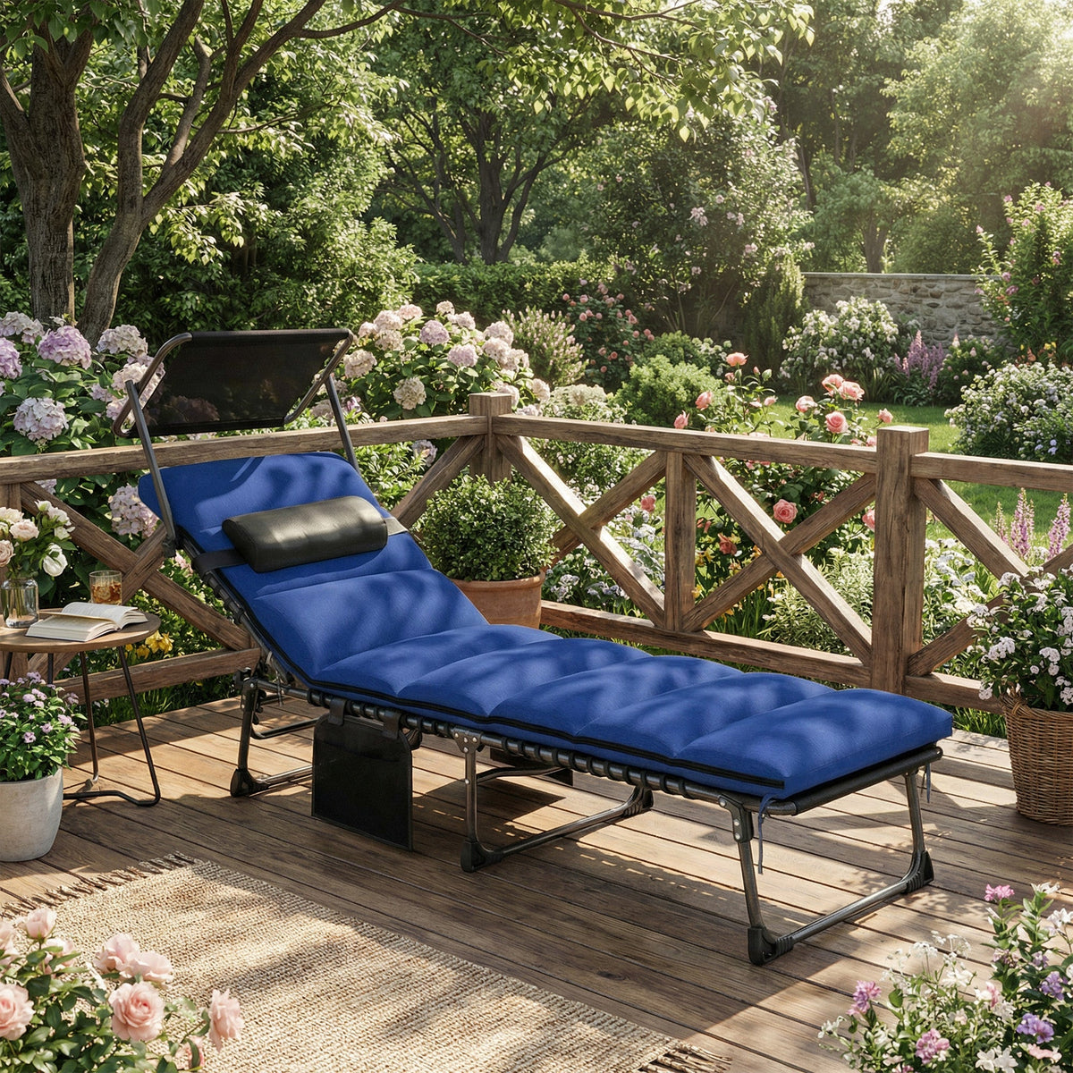 Folding Sun Lounger with Canopy, Cushion and 5-Position Recline, Dark Blue — product view 3