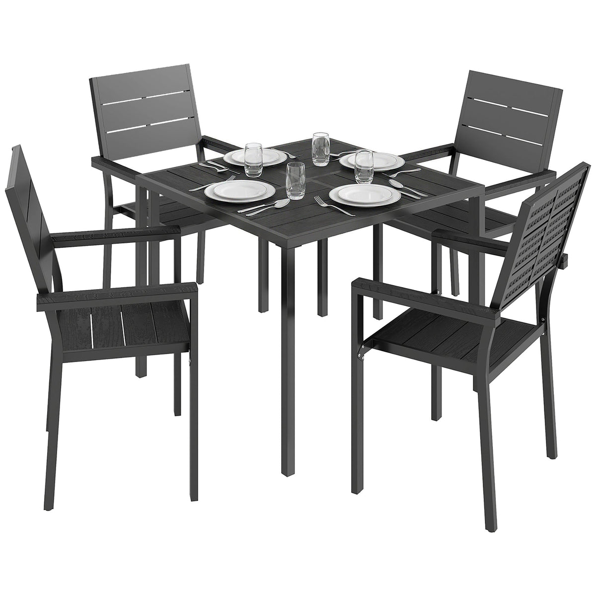 5-Piece Garden Dining Set, Square HDPE Table and Armrest Chairs for 4, Black — product view 1