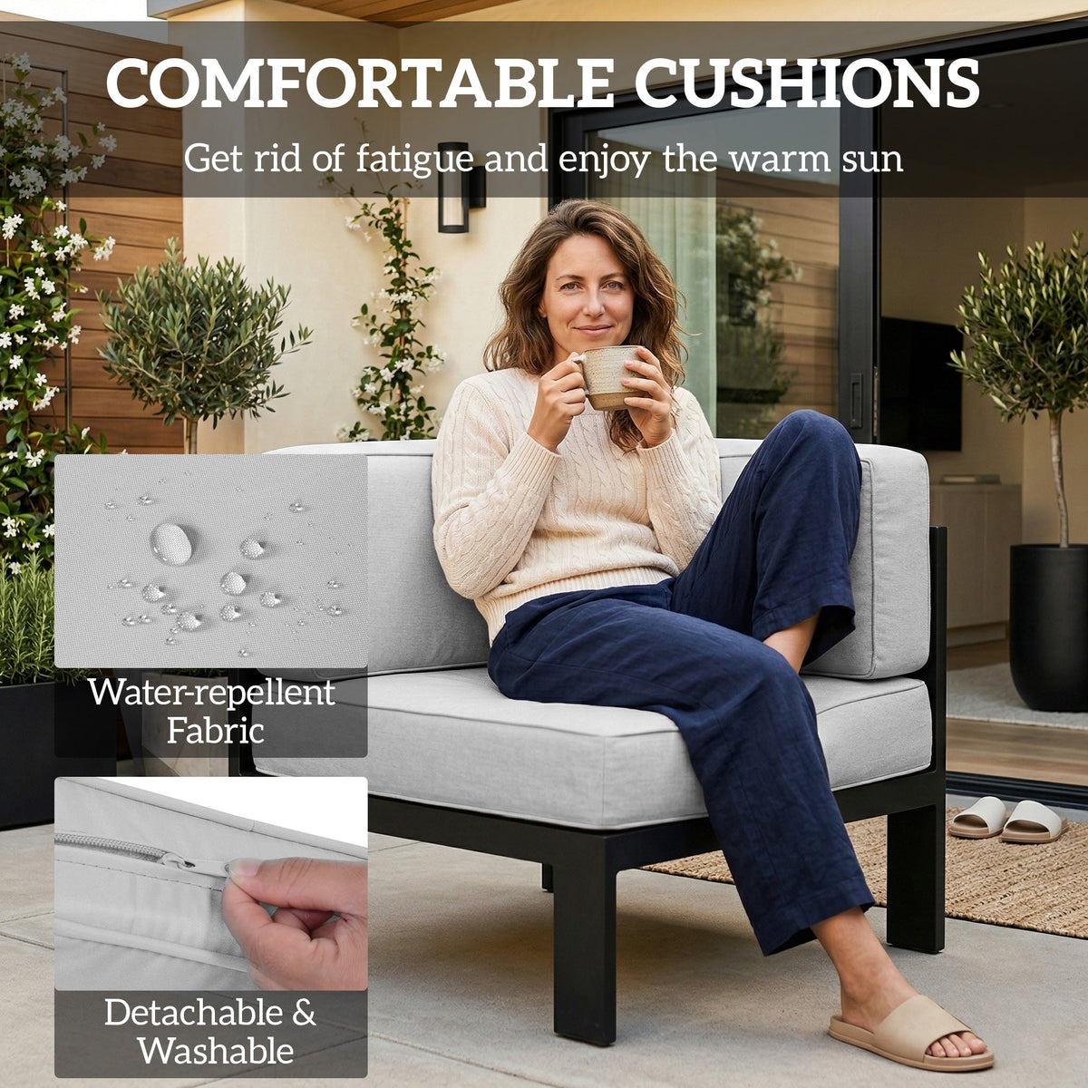 5 Piece Aluminium Garden Corner Sofa Set with Glass Top Table, Light Grey — product view 6