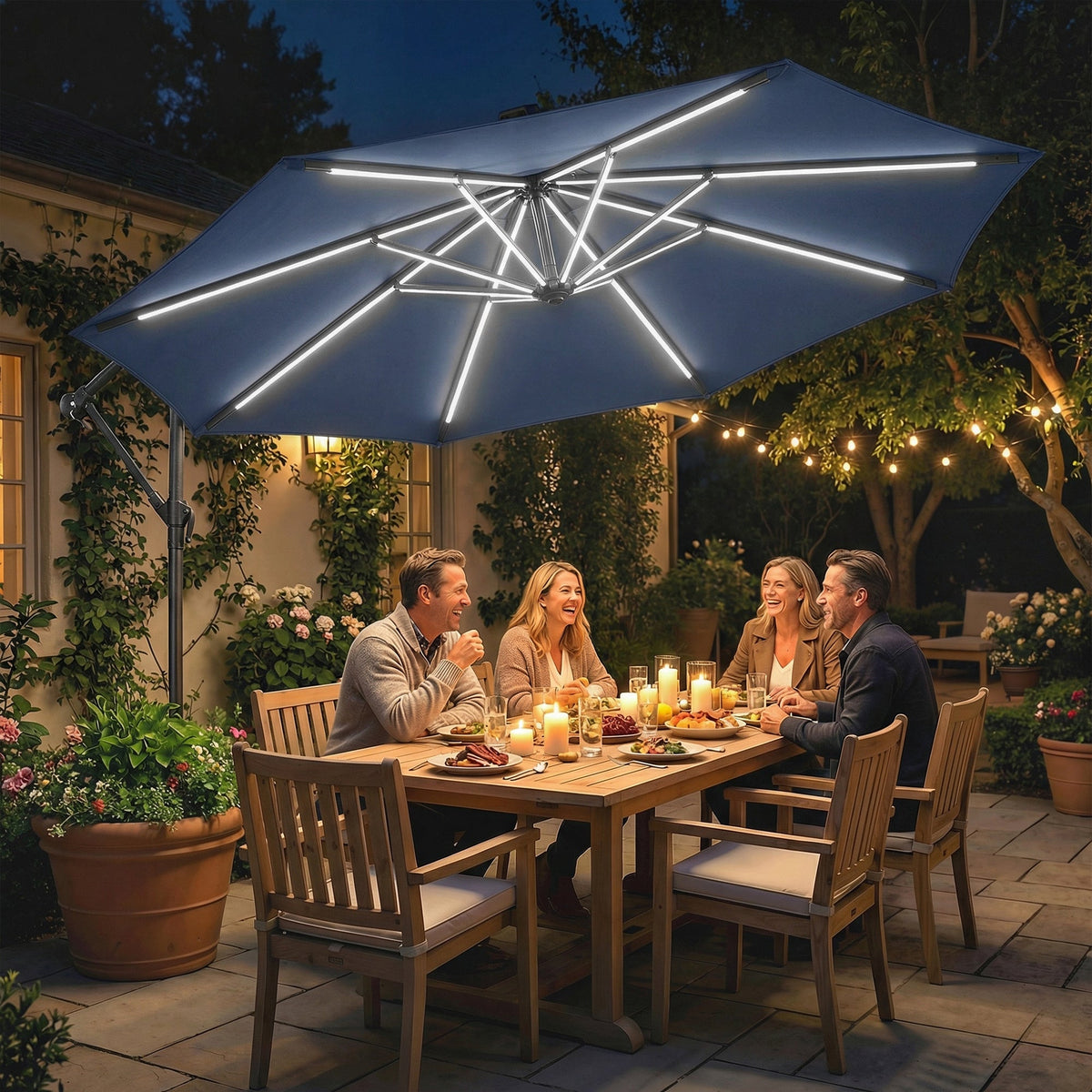3 m Cantilever Parasol with Solar LED Light, Cover & 360° Rotation, Navy Blue — product view 4