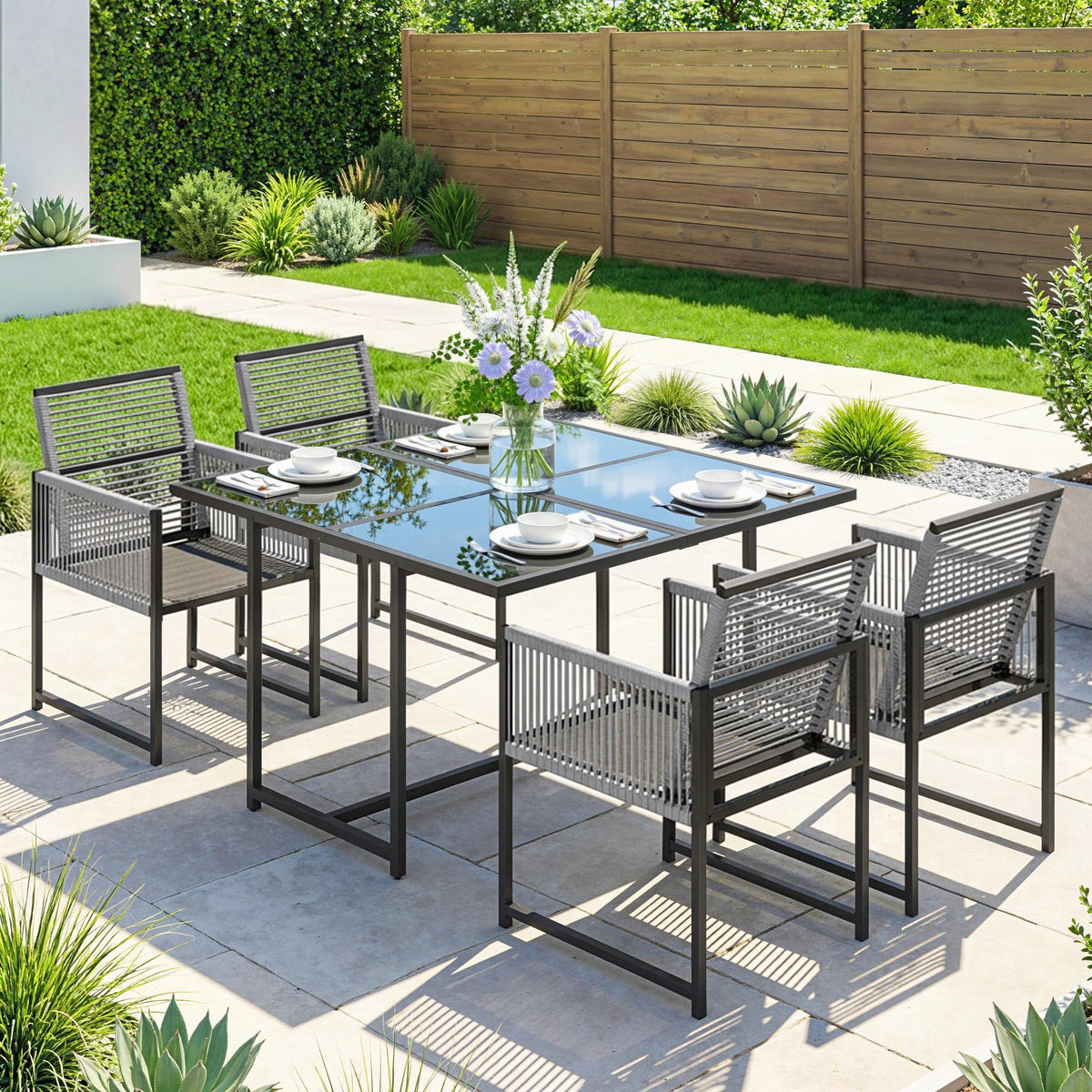 5-Piece Light Grey Outdoor Dining Set with Tempered Glass Top, Foldable Chairs — product view 4