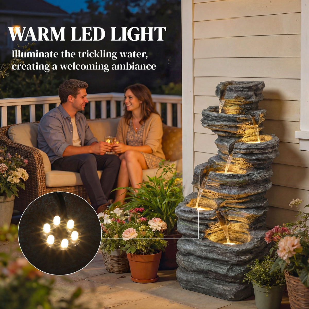 6-Tier Resin Rock Garden Fountain with Cascading Waterfall and LED Lights, Grey — product view 7