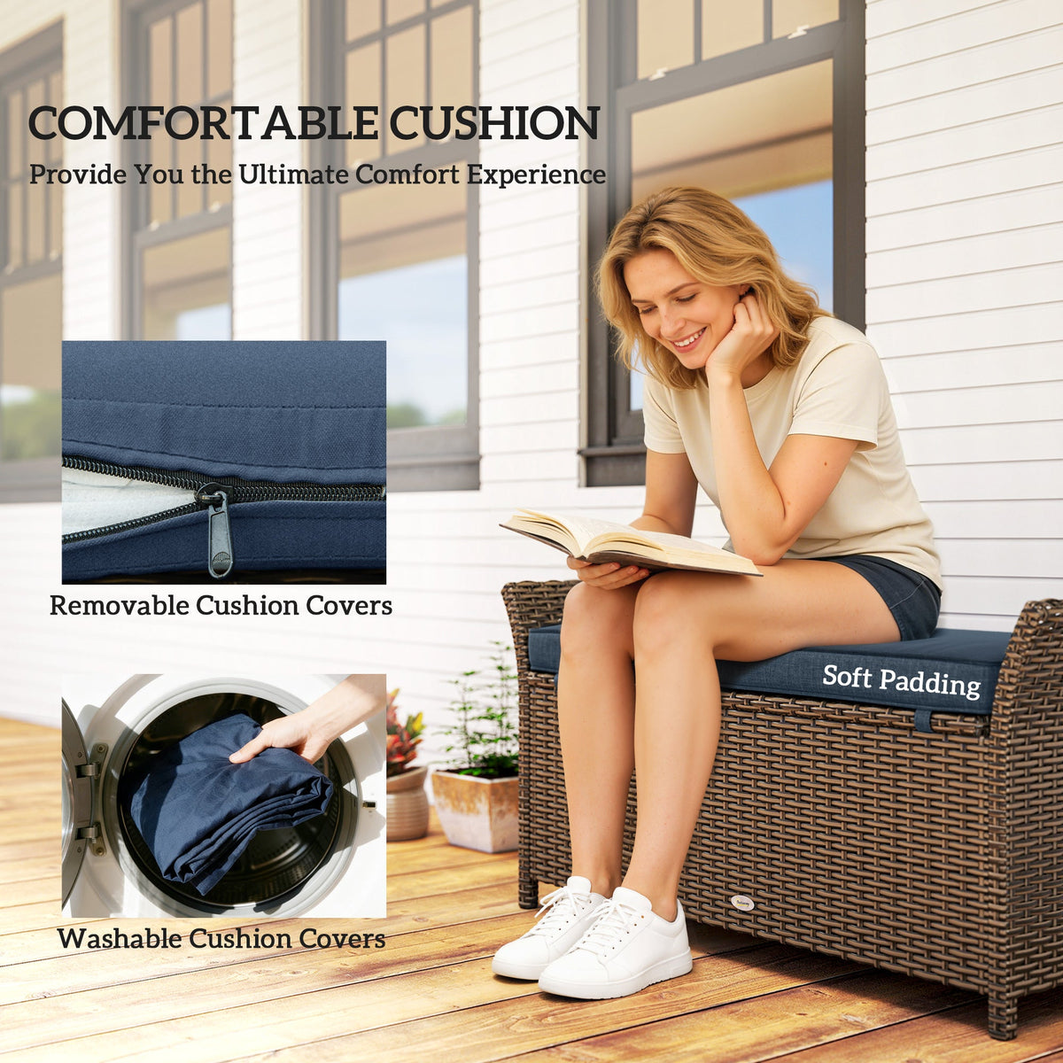 2-in-1 Patio Wicker Storage Bench, 29 Gallon with Cushion, Navy Blue — product view 7