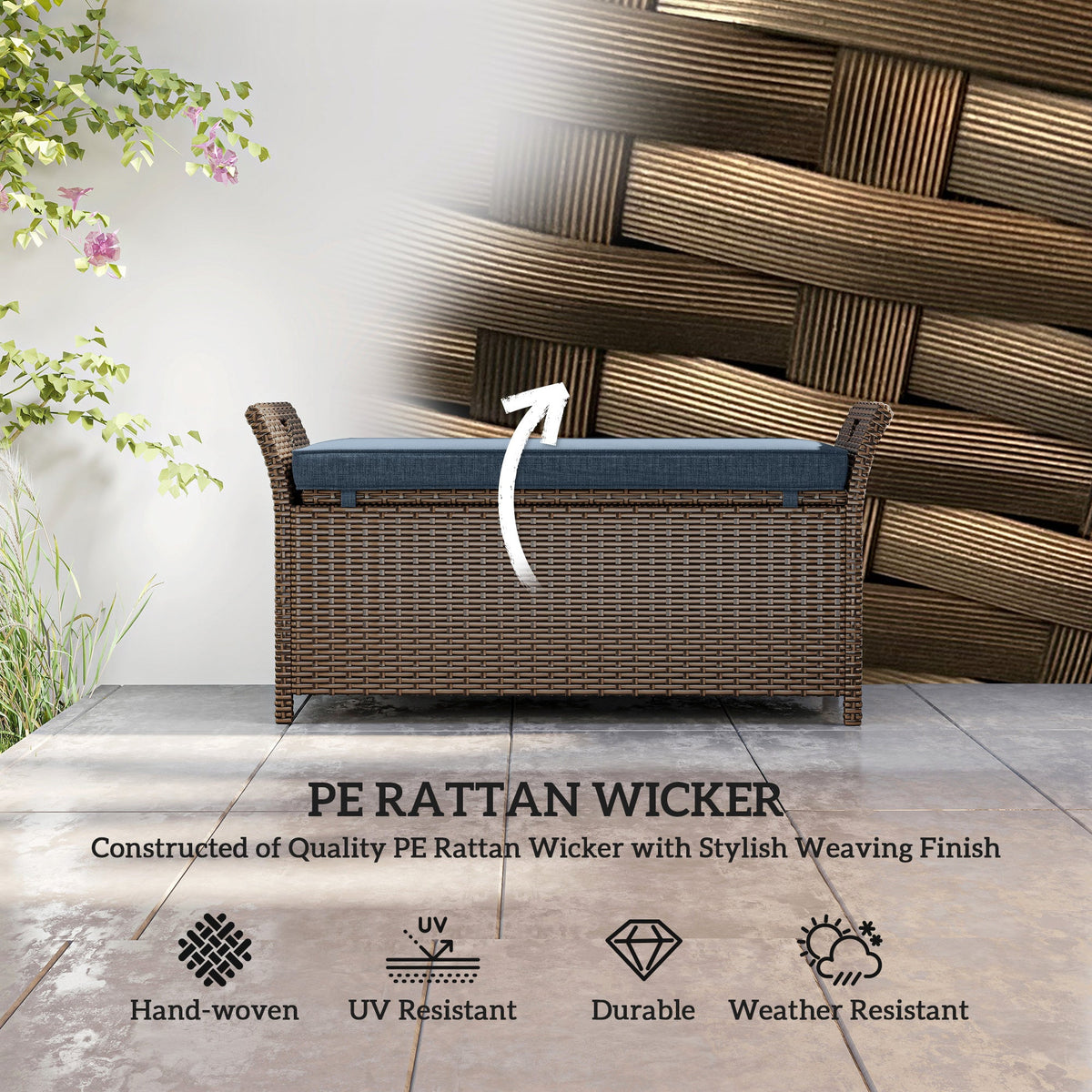 2-in-1 Patio Wicker Storage Bench, 29 Gallon with Cushion, Navy Blue — product view 6