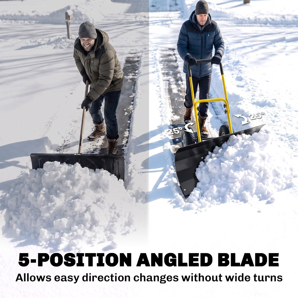 Heavy Duty Metal Snow Pusher with Wheels, 5-level Handle, 29in x 16.5in, Yellow — product view 7