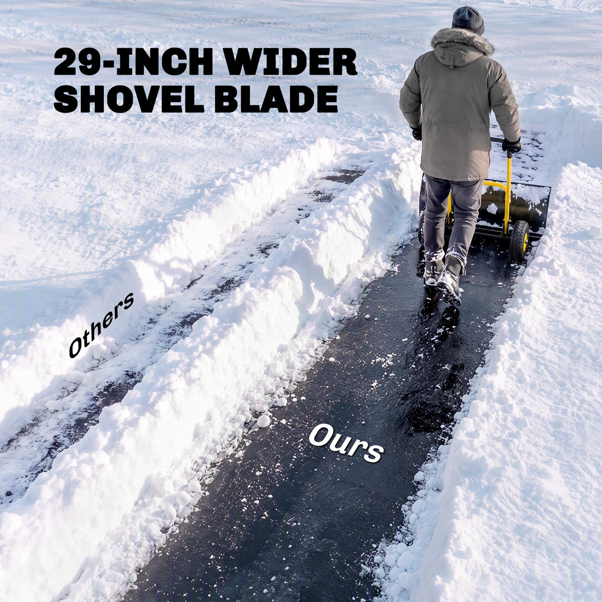 Heavy Duty Metal Snow Pusher with Wheels, 5-level Handle, 29in x 16.5in, Yellow — product view 6