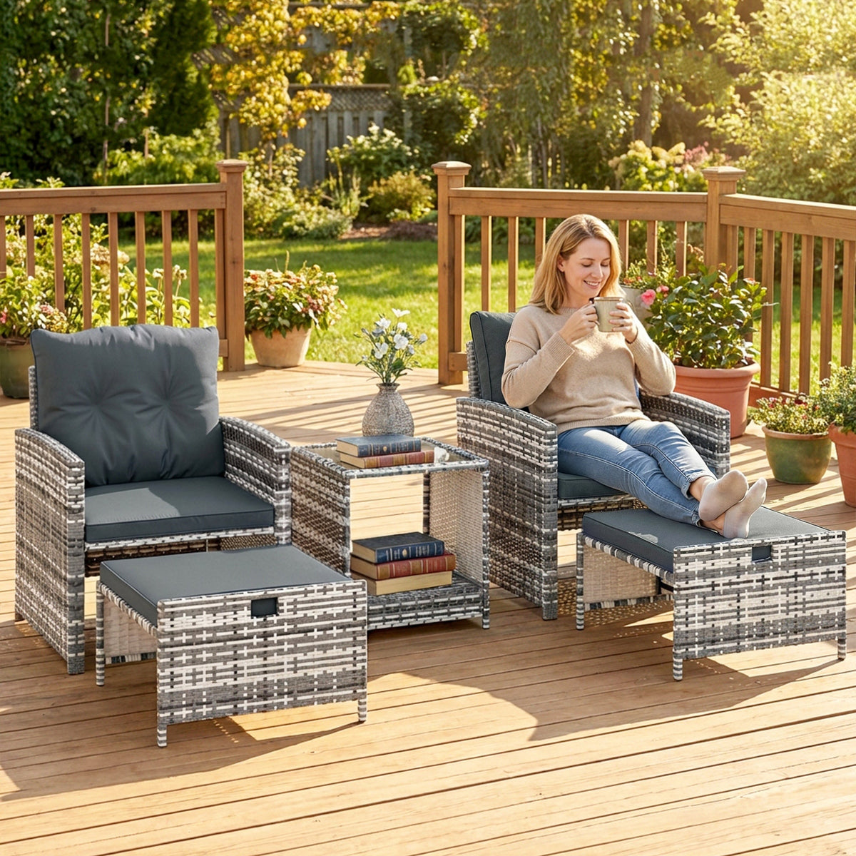 5-Piece Rattan Sofa Set with Ottomans, 2-Tier Glass Table, Grey/Dark Grey — product view 3