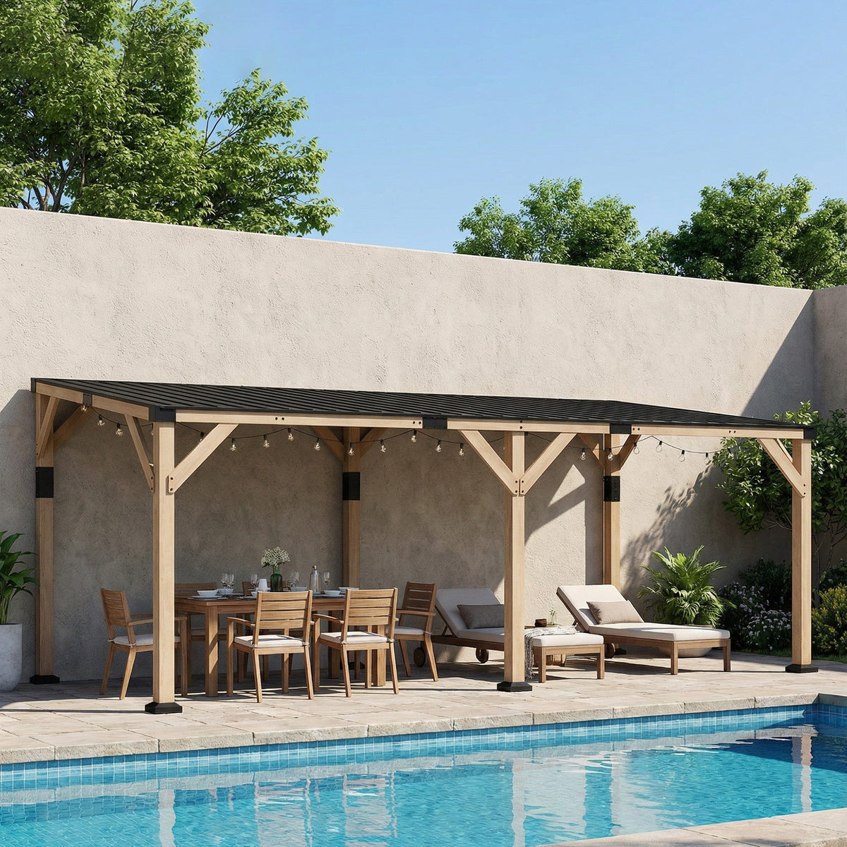 PerArbor 10' x 20' Wooden Lean-to Gazebo with Galvanized Steel Sloped Roof, Light Walnut — product view 2