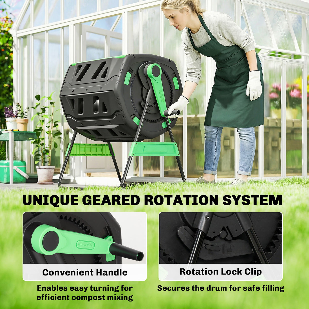 200L Dual Chamber Rotating Compost Tumbler with 8 Adjustable Vents, BPA Free Outdoor Composter in Green — product view 7