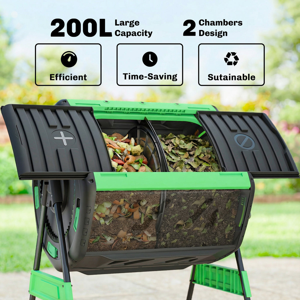 200L Dual Chamber Rotating Compost Tumbler with 8 Adjustable Vents, BPA Free Outdoor Composter in Green — product view 6