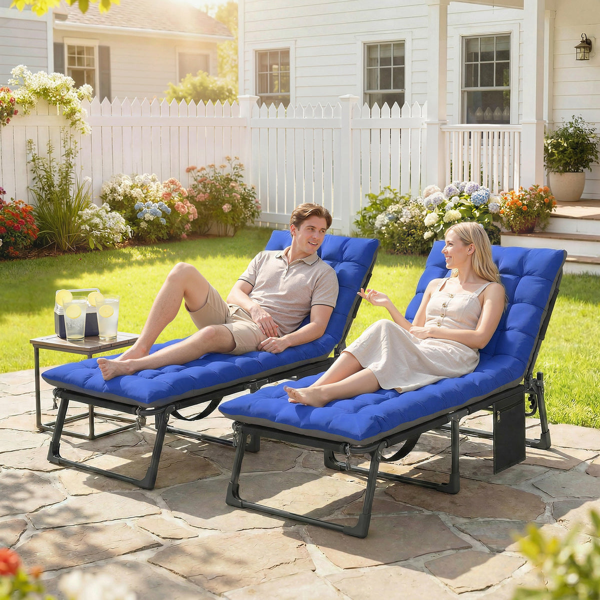 Set of 2 Folding Lounge Chairs, 75 cm Wide with Cushion and Side Pocket, Dark Grey/Blue — product view 3