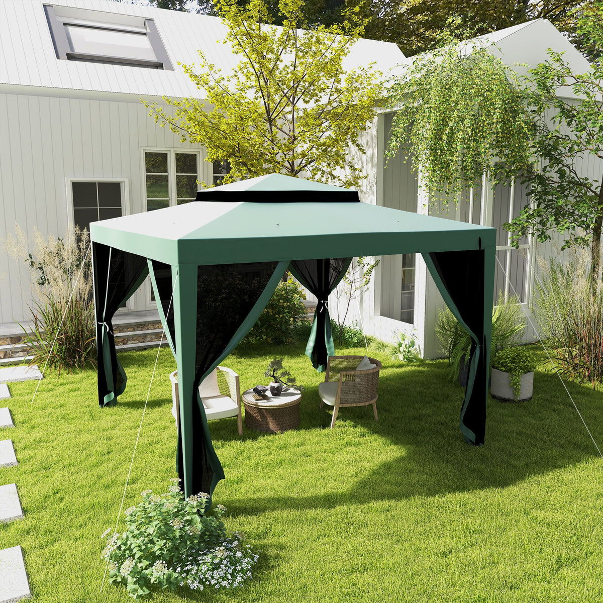 10' x 10' Canopy Tent with Mesh Netting and Double Tier Roof, Green — product view 4