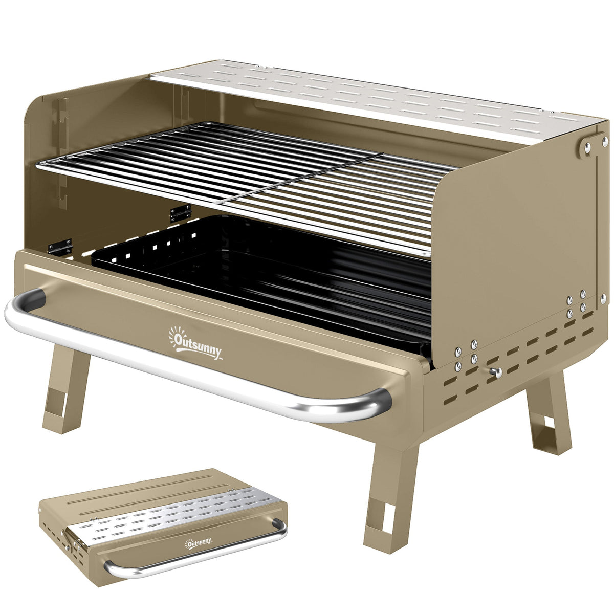 Portable Charcoal BBQ Grill with Adjustable Grates and Side Shelf, Khaki — product view 2