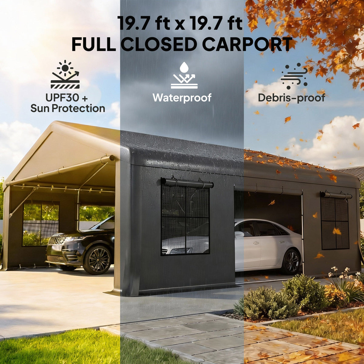 20' x 20' Heavy Duty Carport with 3 Roll-Up Doors, Dark Gray — product view 6