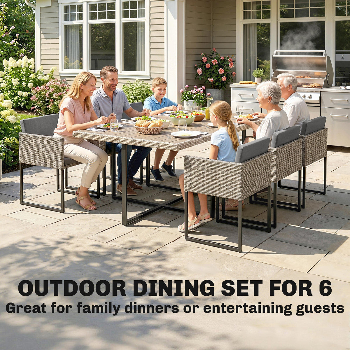 7-Piece Light Grey Rattan Dining Set with WPC Table, 6 Chairs & 12 Cushions — product view 6