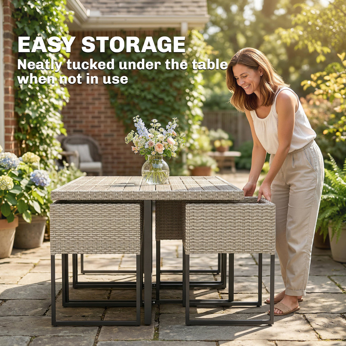 7-Piece Light Grey Rattan Dining Set with WPC Table, 6 Chairs & 12 Cushions — product view 7