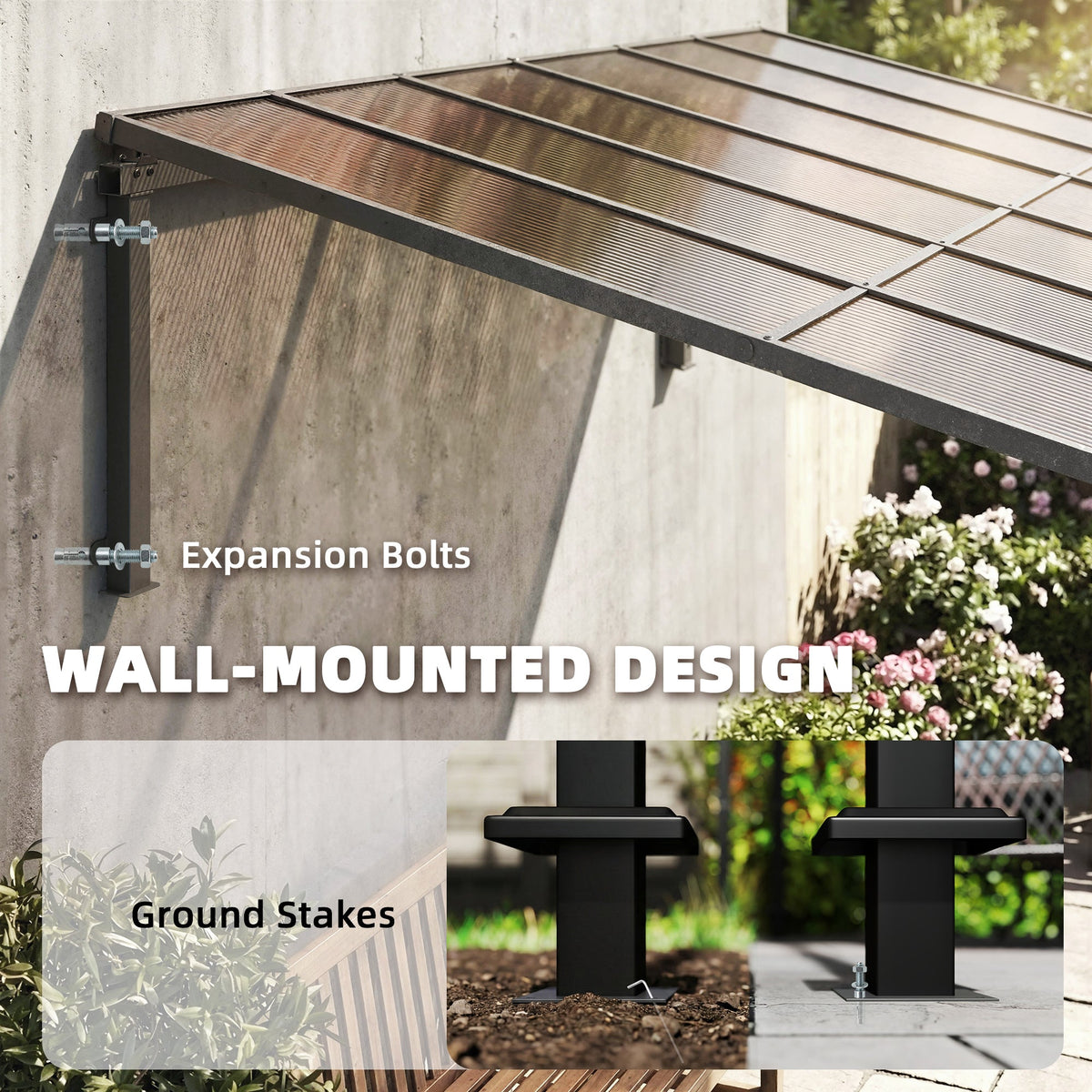 11' x 10' Wall Mounted Lean-to Pergola with Polycarbonate Roof, Brown — product view 6