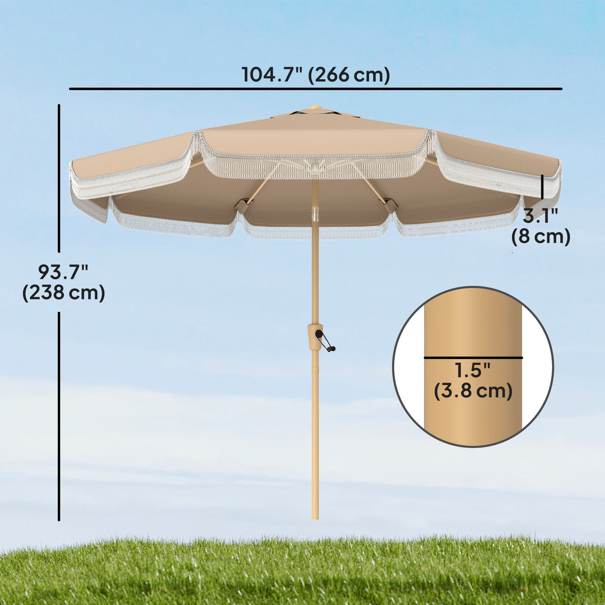 9ft Fringed Patio Umbrella with Push Button Tilt and Crank, Khaki — product view 5