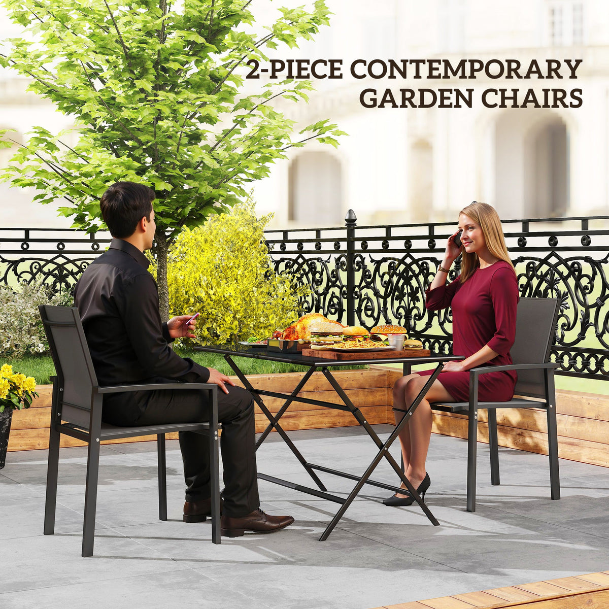 Set of 2 Stackable Patio Dining Chairs with Mesh Seat, Dark Grey — product view 6