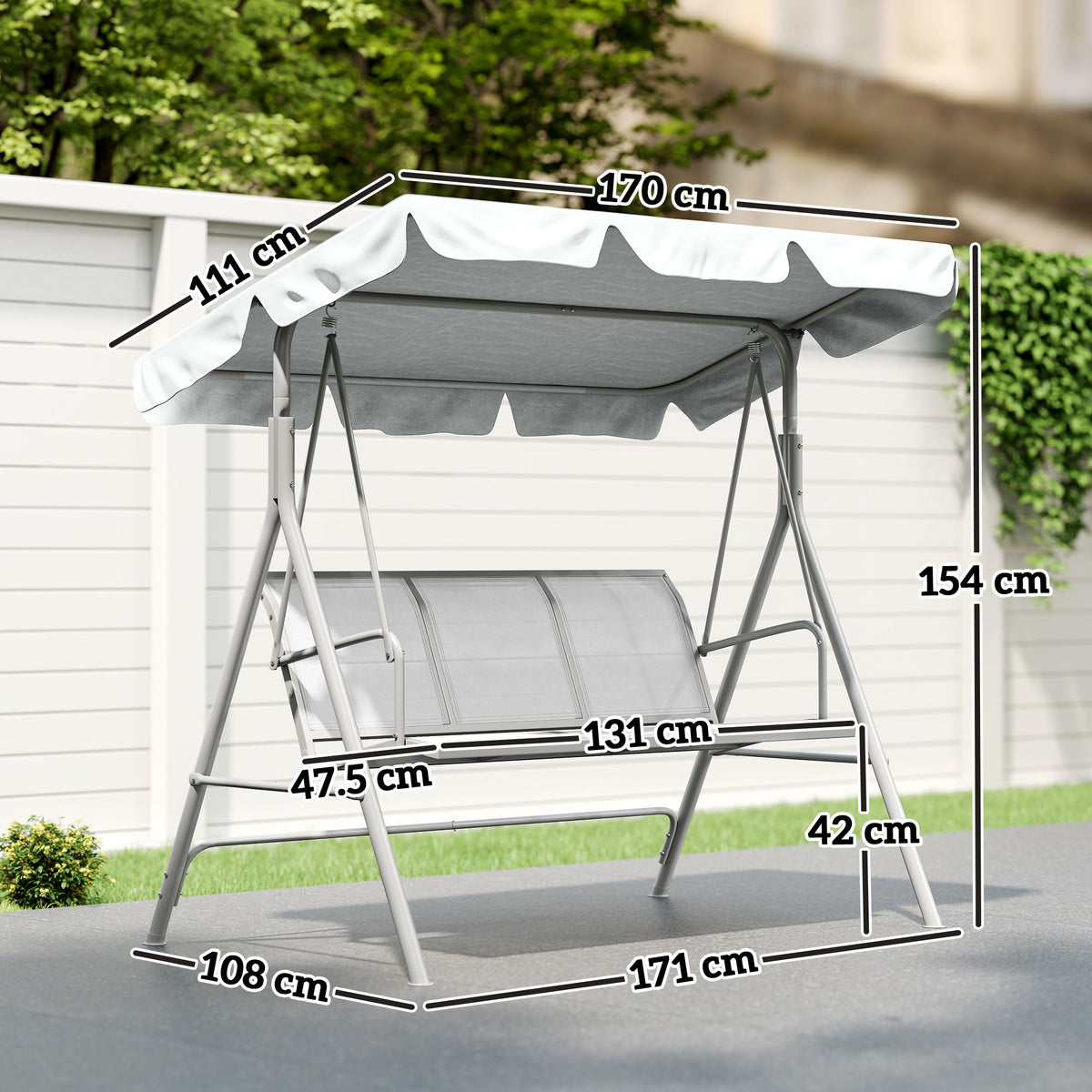 3 Seater Garden Swing Chair with Tilting Canopy & Mesh Seat, Light Grey — product view 5