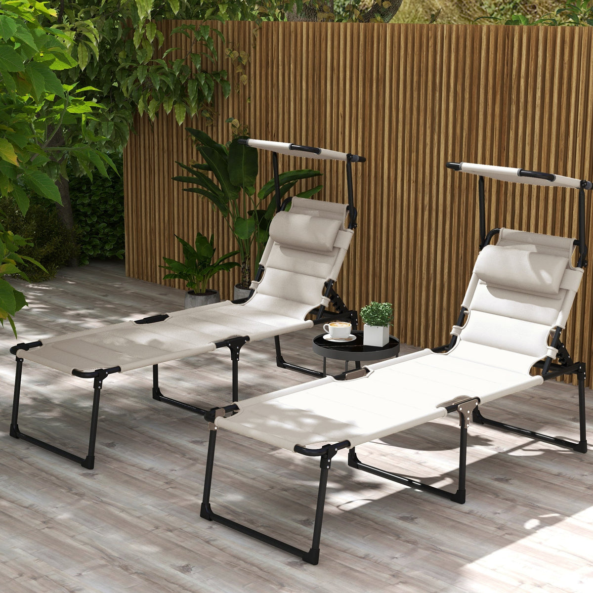 2-Piece Outdoor Lounge Chairs with Sunshade and Pillow, Cream White — product view 3