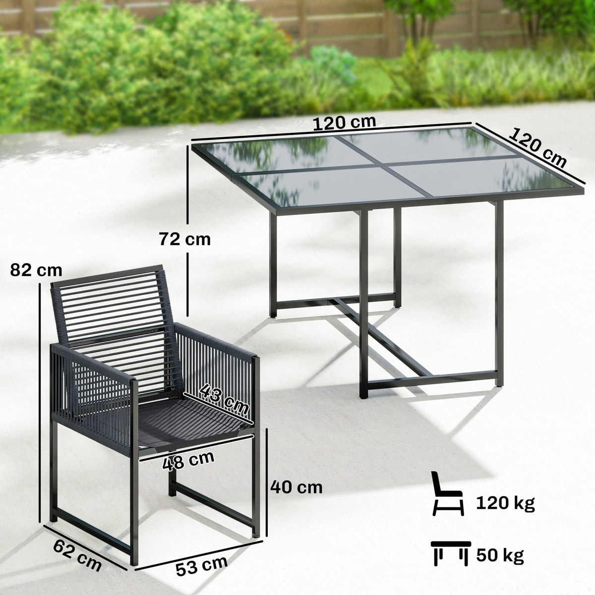 5-Piece Dark Grey Rattan Dining Set with Tempered Glass Top & Foldable Chairs — product view 5