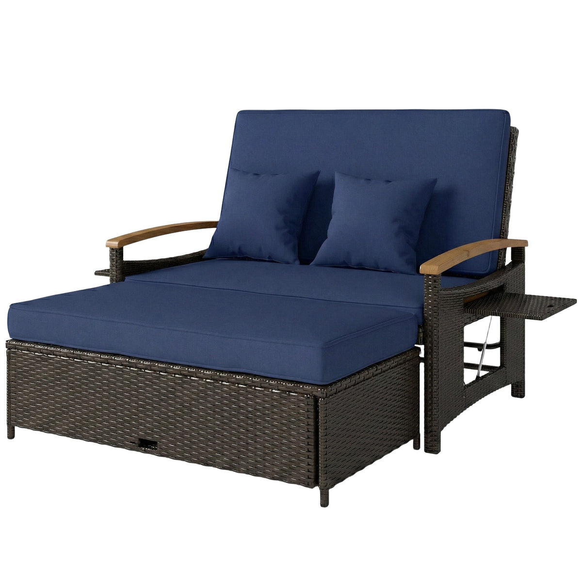 Rattan Daybed with Adjustable Backrest, Storage Ottoman, Navy Blue — product view 2