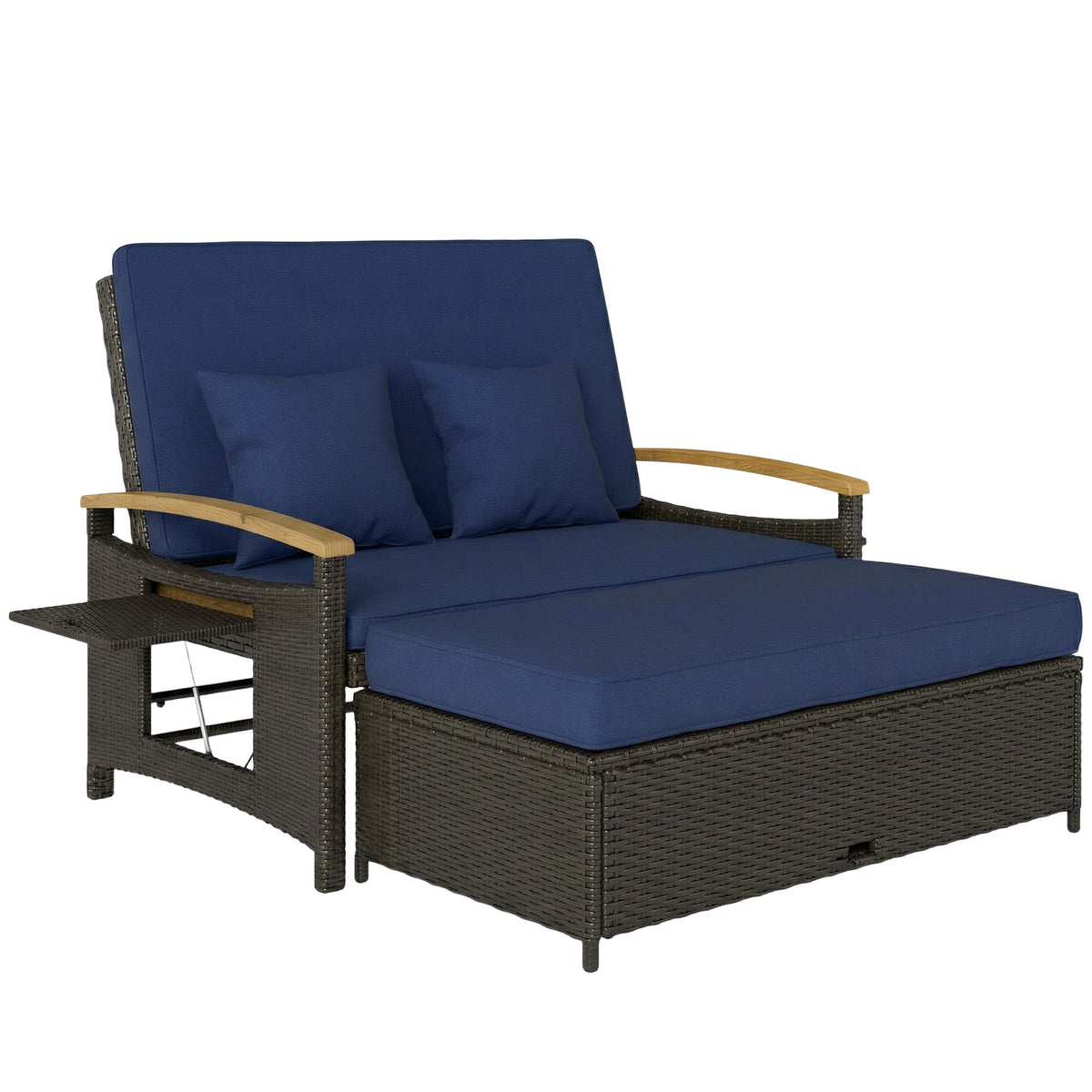 Rattan Daybed with Adjustable Backrest, Storage Ottoman, Navy Blue — product view 1