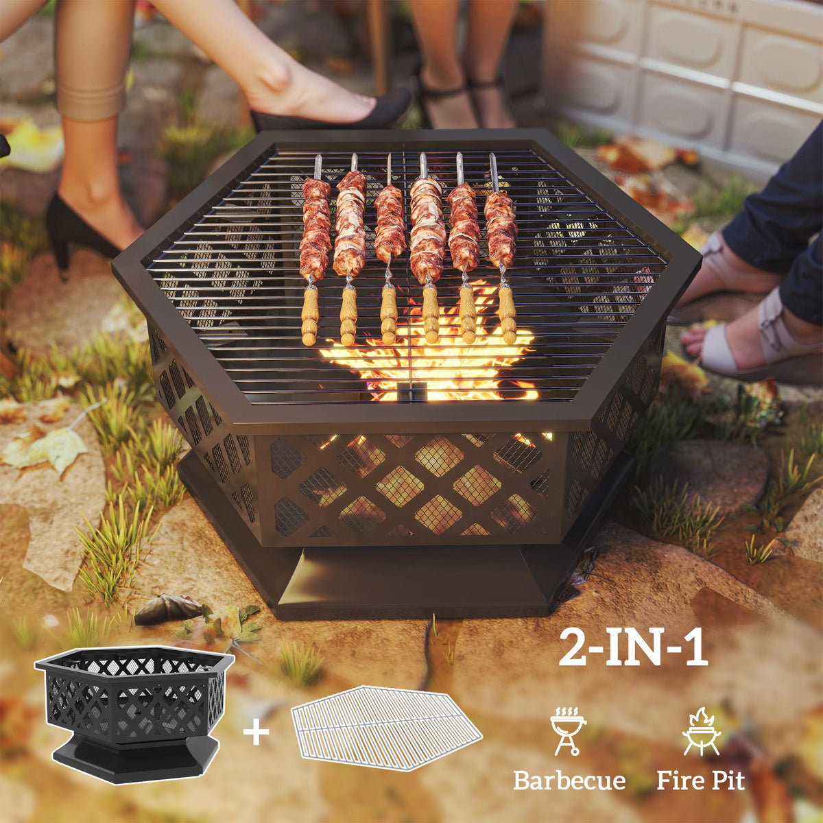 28" Outdoor Fire Pit Grill with Cooking Grate, Fire Poker and Spark Screen Lid — product view 6