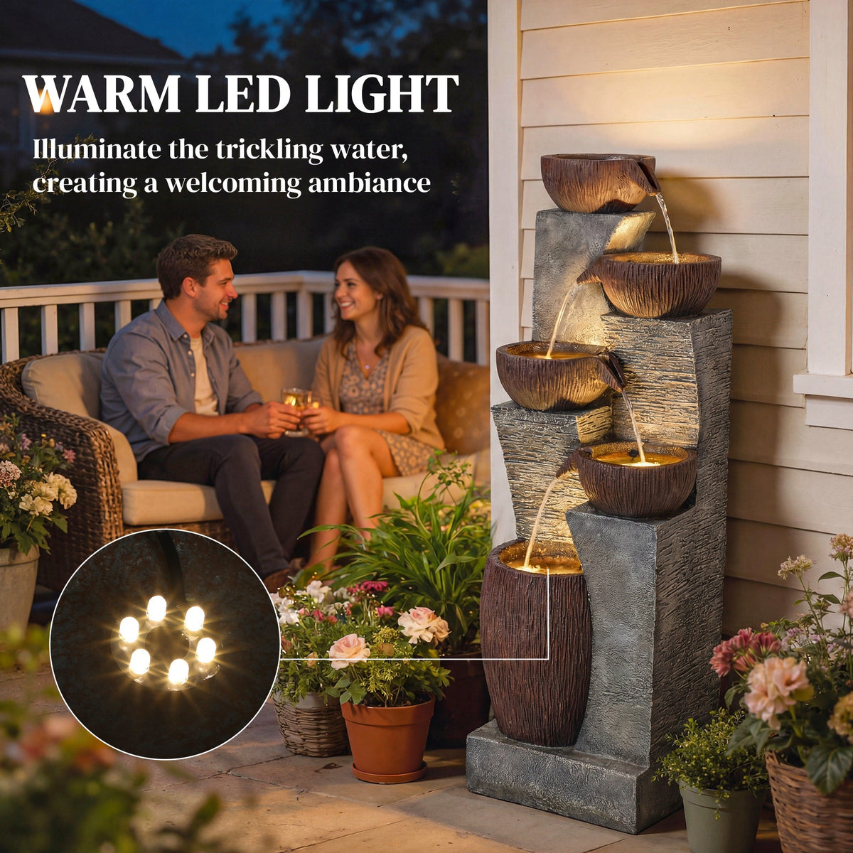51.2" 5-Tier Water Fountain with LED Lights and Adjustable Flow, Gray/Brown — product view 7