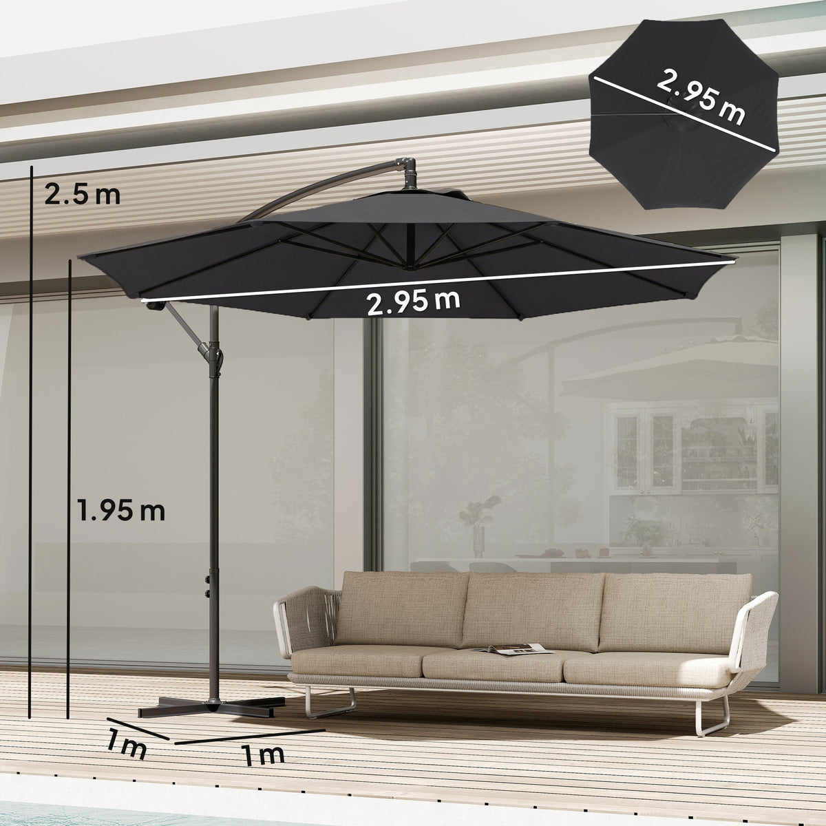 3 m Banana Parasol with Crank Handle, 8 Ribs & Cross Base, Black — product view 5