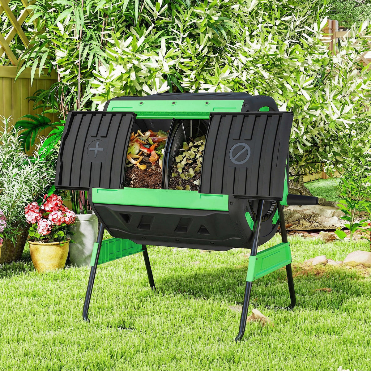 200L Dual Chamber Rotating Compost Tumbler with 8 Adjustable Vents, BPA Free Outdoor Composter in Green — product view 4