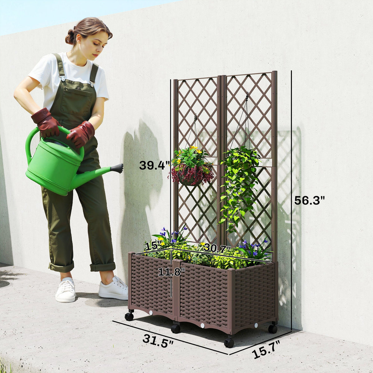 56.3" Self-Watering Planter Box with Trellis and Wheels, Brown — product view 5