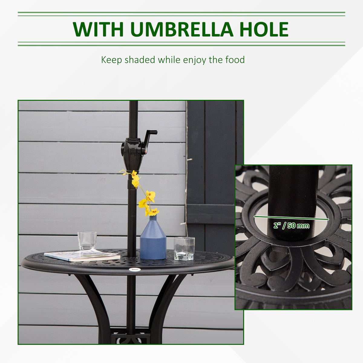 78 cm Round Cast Aluminium Garden Table with Parasol Hole, Black — product view 7