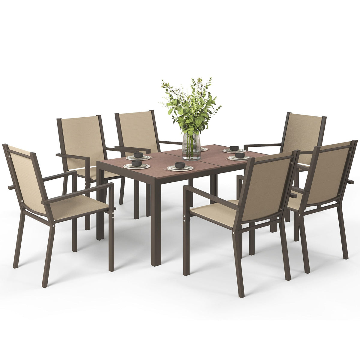 7 Piece Garden Dining Set for 6 with WPC Table & Stackable Chairs, Khaki — product view 2