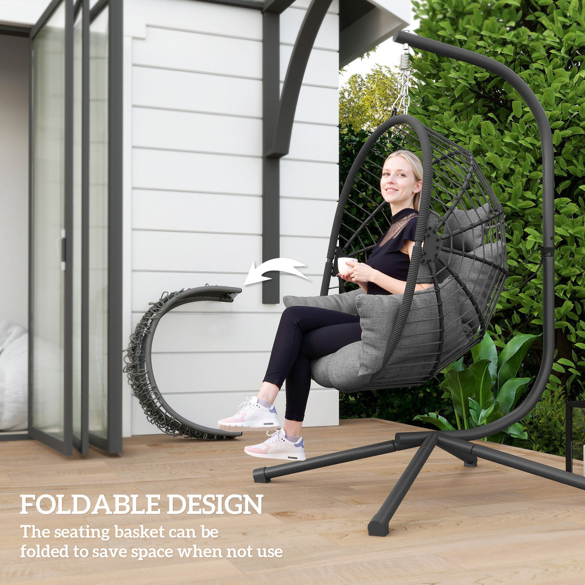 Hanging Egg Chair with Stand, Thick Cushion and Cup Holder, Grey — product view 7