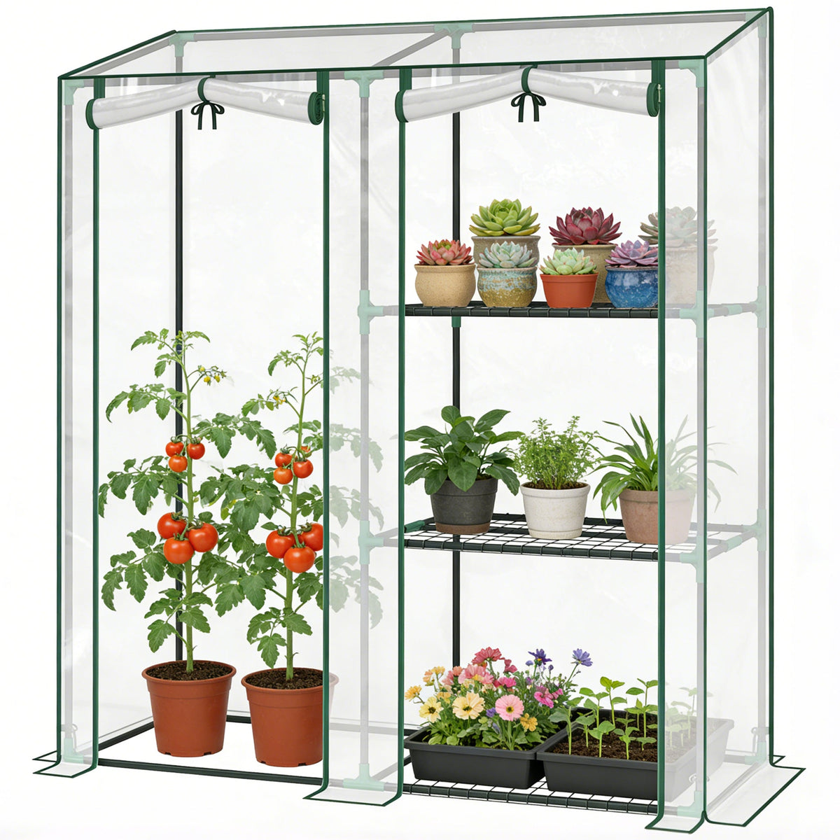 Mini Greenhouse with 3 Shelves and 2 Roll-up Doors, 56.3" x 17.7" x 59.4" — product view 2