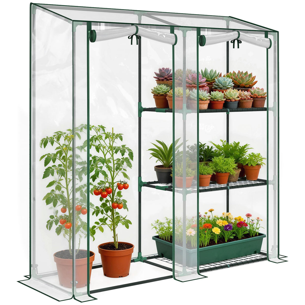 Mini Greenhouse with 3 Shelves and 2 Roll-up Doors, 56.3" x 17.7" x 59.4" — product view 1