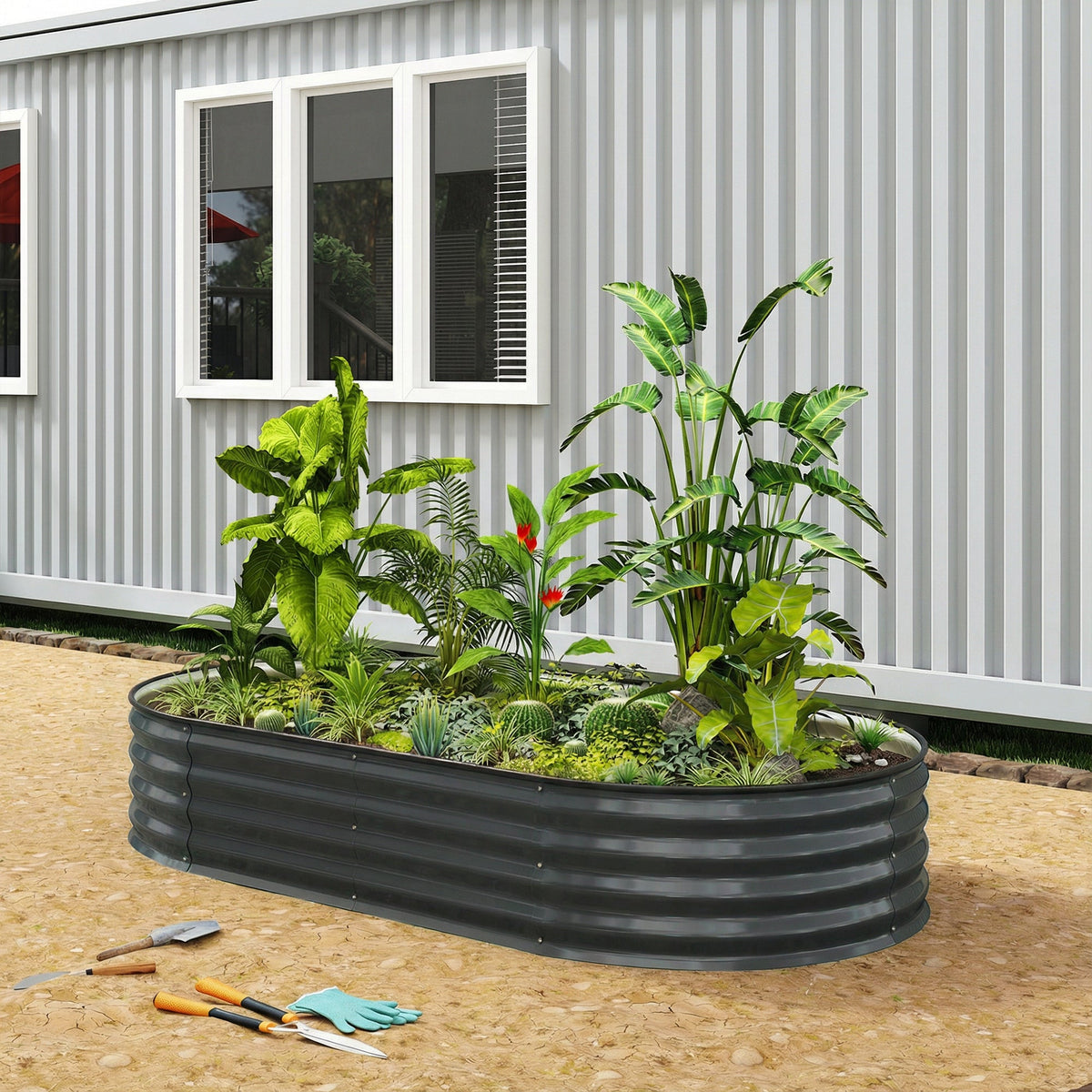 180 x 90 x 30 cm Galvanised Raised Garden Bed with Safety Edging, Dark Grey — product view 4
