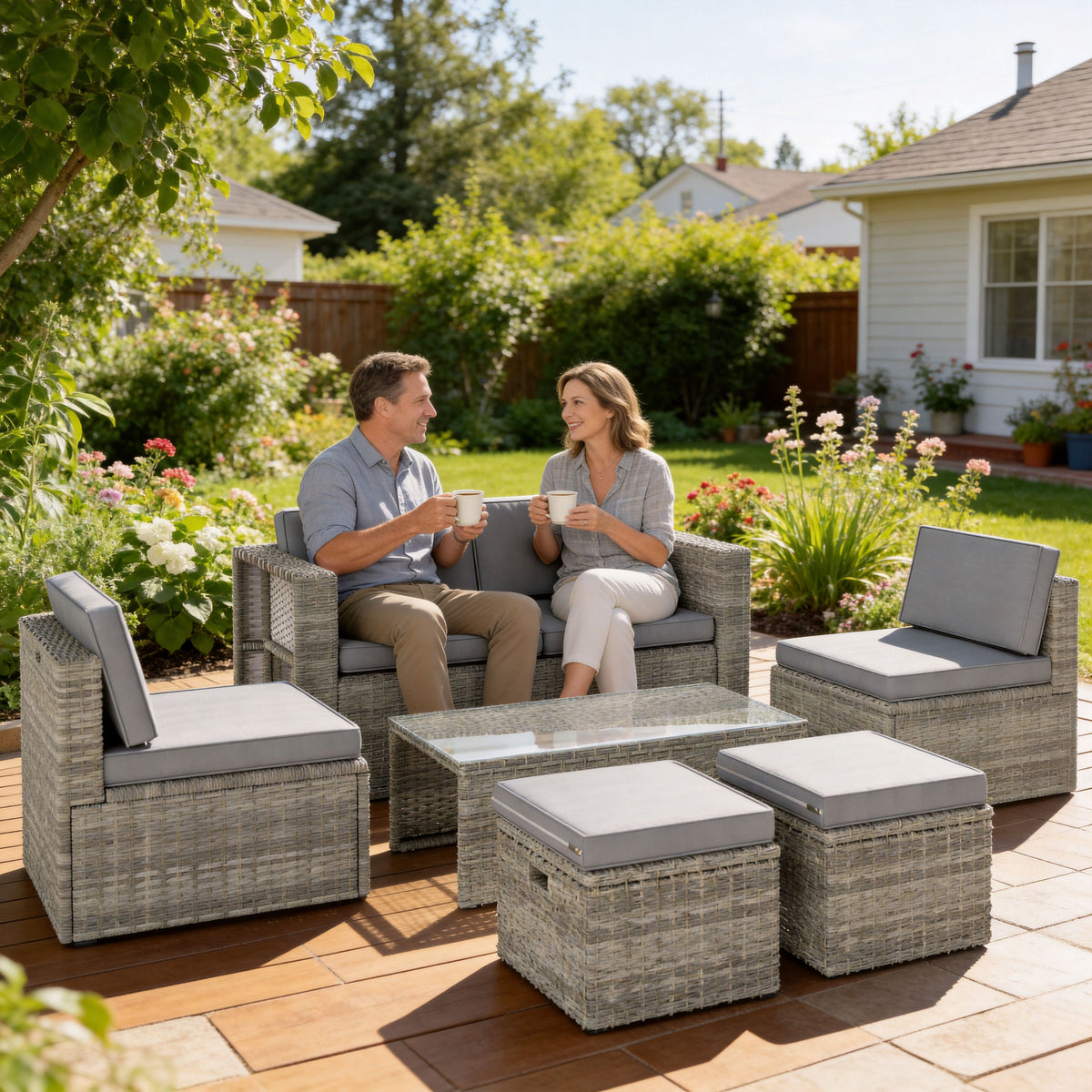 6 Piece Rattan Nesting Patio Set with Loveseat and Footstools, Dark Grey — product view 4