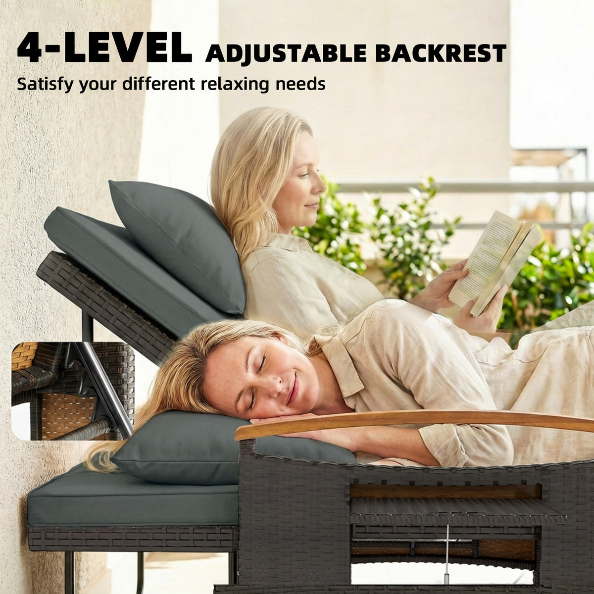 Rattan Daybed with Adjustable Backrest, Storage Ottoman, Mixed Gray — product view 7
