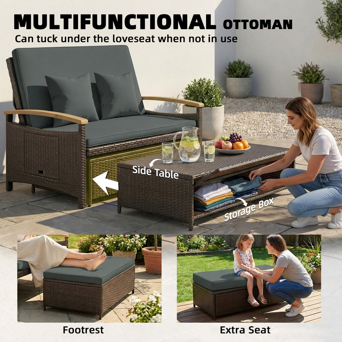 Rattan Daybed with Adjustable Backrest, Storage Ottoman, Mixed Gray — product view 6
